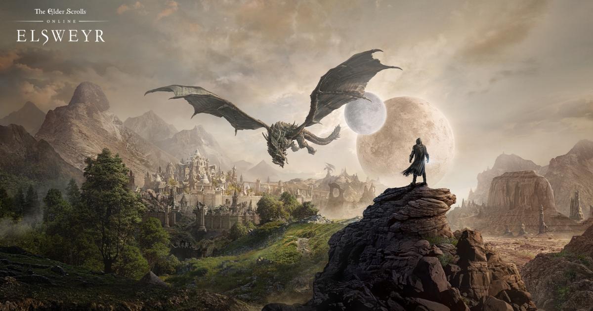Een draak vliegt door de lucht, een character staat op een heuvel te kijken